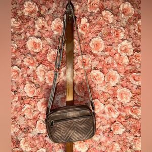 BostonTen Quilted Brown Vegan Leather Crossbody Purse with Pattern Strap